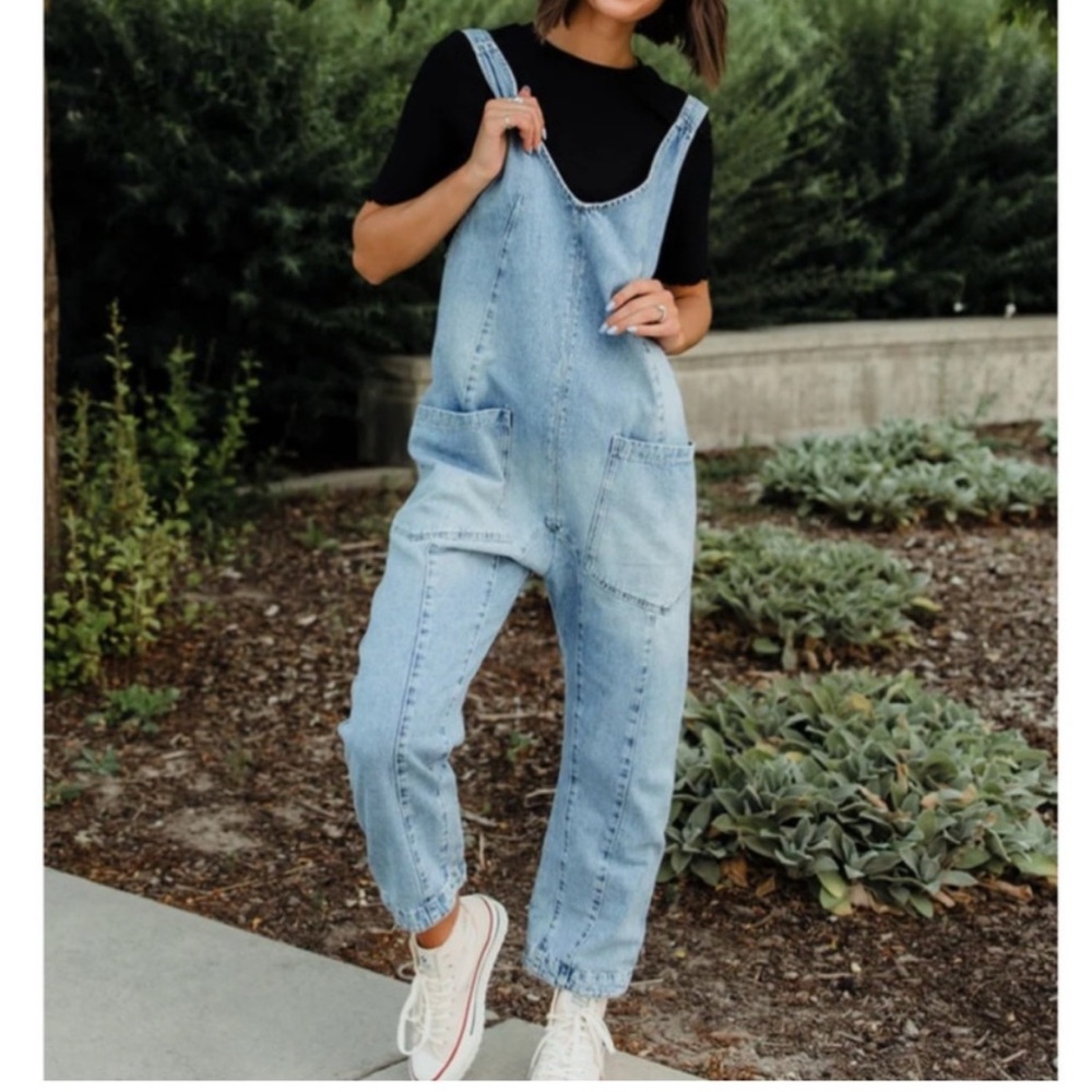 Free People We The Free High Roller Overalls jumpsuit in Whimsy Blue size medium